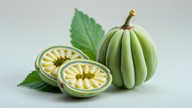 Velvet Apple Fruit With Cross Sections And Leaf On White Background Still Life
