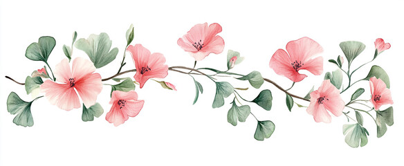 Obraz premium A watercolor painting of a branch adorned with pink flowers and green leaves. The soft colors and delicate strokes create an artistic and serene composition.