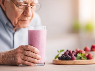 Elderly man enjoying a nutritious berry smoothie at home with fresh fruits.