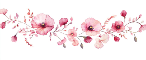 A watercolor painting of a branch adorned with pink flowers and green leaves. The soft colors and delicate strokes create an artistic and serene composition.