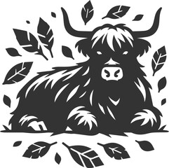 Highland cattle black vector with forest silhouette