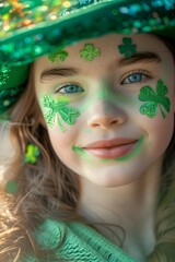 Joyful Girl Celebrating St. Patrick’s Day Parade – Close-Up Portrait with Festive Green Accessories and Happy Expression