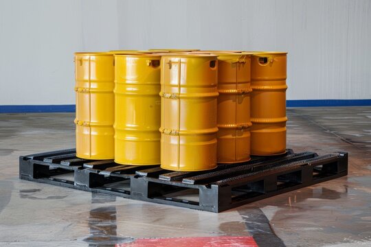 A polyethylene spill containment pallet holding barrels, ensuring safety and environmental protection for the surrounding area