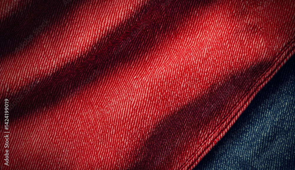 Poster close up of red and blue denim fabric with a diagonal seam and visible texture and light patterns