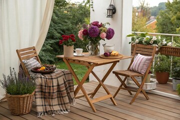Creative composition of warm and cozy terrace with table, garden furnitures, vase with flowers, wooden floor, plaid, curtain, grape, big garden and personal accessories. Home decor. Template