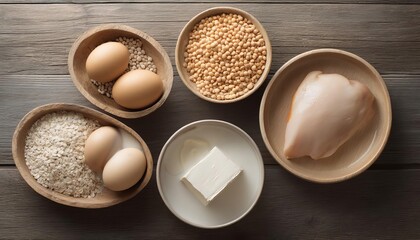 A collection of natural ingredients including eggs, chicken, and grains in bowls.