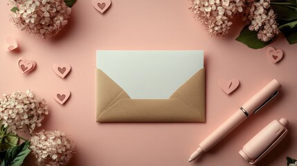 Blank kraft envelope with white card, pink flowers, hearts, and pens on pink background.