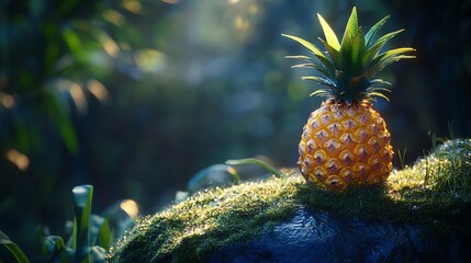 Pineapple on Mossy Rock in Lush Tropical Forest Environment at Sunrise