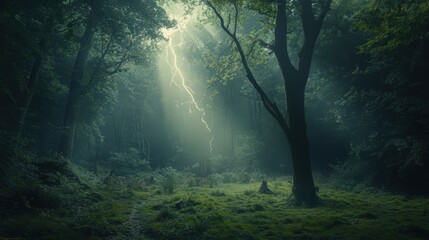 Obraz premium Mysterious Forest Scene with Lightning and Sunlight Breaks Through Trees