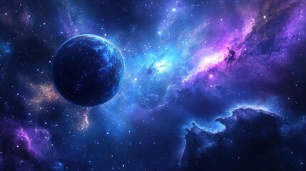 Obraz premium A Stunning View of Cosmic Space with a Blue Planet and Colorful Nebulae in the Background