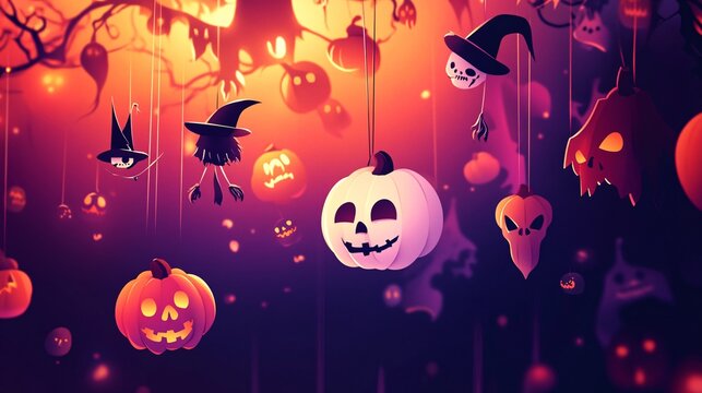 Halloween background showing carved pumpkins and monsters hanging in a spooky forest