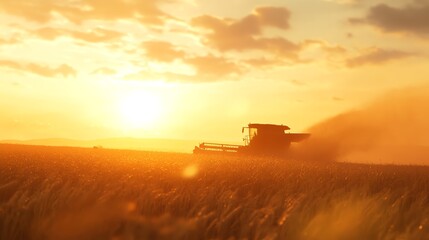 Fototapeta premium Combine Harvesting Wheat Field at Sunset with Golden Light and Dust