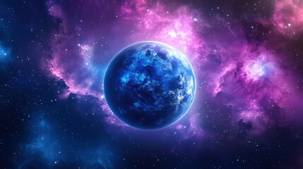 Fototapeta premium A bright blue planet amidst vibrant cosmic clouds and colors in space, showcasing the beauty of the universe in stunning detail.