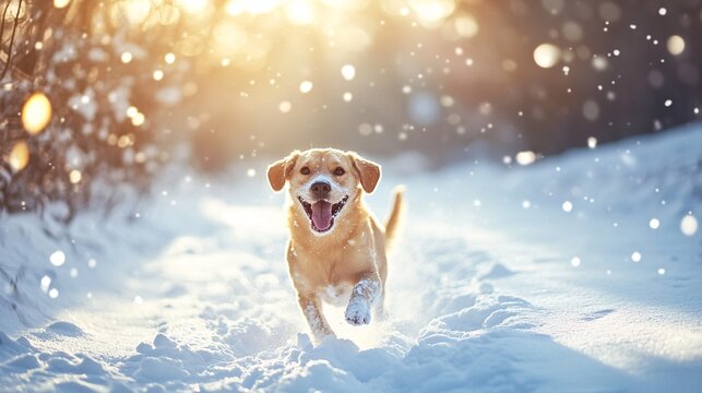 Happy dog is running through a snowy forest on a sunny winter day