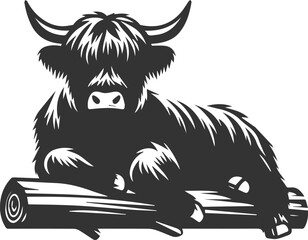Highland cattle black vector with forest silhouette