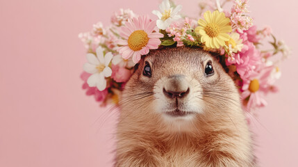 Adorable prairie dog wearing floral crown against a soft pink background