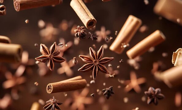 Cinnamon sticks, star anise, cloves, and allspice berries are falling onto a bed of ground cinnamon	