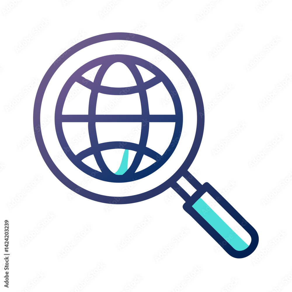Poster global search with magnifier icon representing worldwide search and exploration