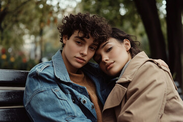 Fototapeta premium Romantic Same Sex Couple Enjoying a Peaceful Moment Together on a Park Bench in Autumn, Generative AI