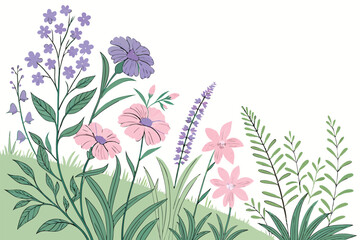 29 Spring landscape, rocky terrain, colorful wildflowers, pink blossoms, purple flowers, yellow blooms, green grass, grey stones, natural scenery, botanical illustration, isolated elements, white back