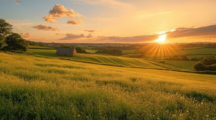Obraz premium Stunning sunset over peaceful green fields with a charming barn in the distance