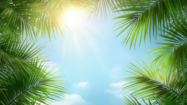 Palm tree leaves tropical plant green foliage against natural summer or spring sky for Plam Sunday religious holiday background