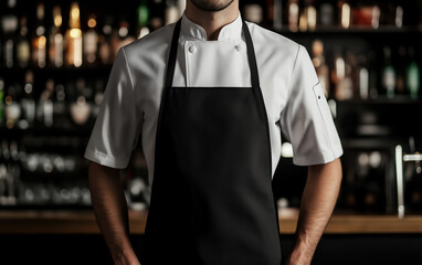 Chef kitchen apron. Chef cook in uniform, kitchen apron, protective apparel, culinary environment, food service setting, chef in kitchen interior, apron mock-up. Realistic style photo.