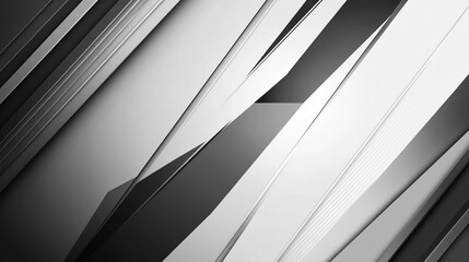 Obraz premium Black, white, light gray, and silver abstract background with geometric shapes, sharp lines, striped corners, and faceted triangles. Smooth color gradient with subtle noise and fine grain texture.