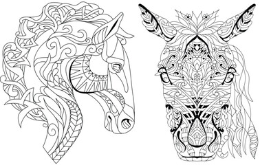 Zentangle horse heads. Hand drawn decorative vector illustration for coloring.