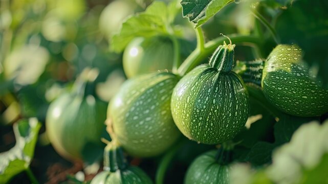 A close-up view of round green zucchini growing on a vine in a garden.