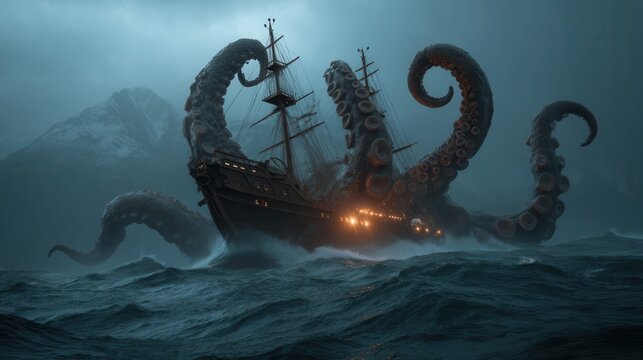 A kraken battles a sinking pirate ship in a stormy sea.