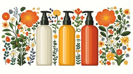 Floral Cosmetics:Bottles of lotion, shampoo, or conditioner surrounded by colorful flowers, symbolizing natural beauty and skincare.