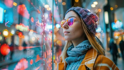 Woman looking at a high-tech display of financial data in an urban setting.