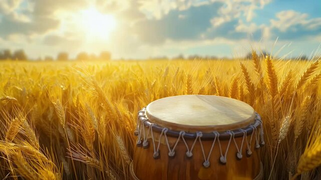 Baisakhi celebration background with golden wheat fields, Punjabi dhol, and bright sunshine