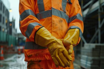 Close up of a fashionable construction worker showcasing high visibility gloves at a building site