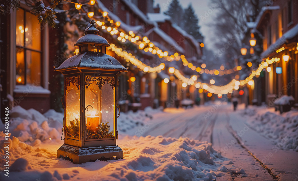 Poster lantern is lit up in the snow on a street, creating a warm and cozy atmosphere. the snow is white an