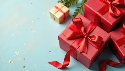 Obraz premium Elegant red ribbon tied gift boxes, gold accents, seamless, decoration