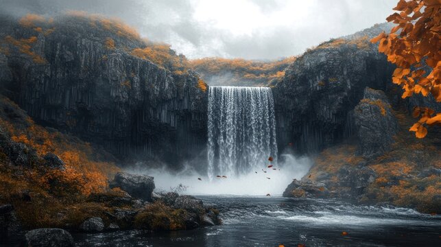 Autumn Waterfall Landscape Majestic fall cascade amidst colorful foliage, misty mountain backdrop; ideal for nature, travel, or serenity themes - Powered by Adobe