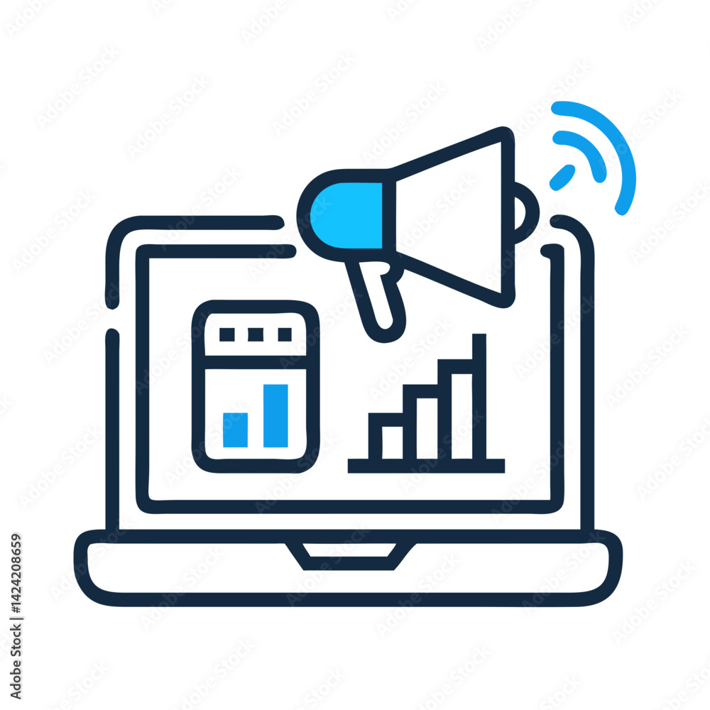 Fototapete laptop with graph and megaphone icon representing data-driven marketing and communication