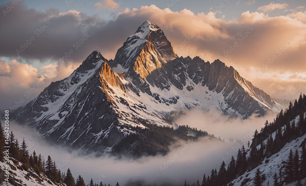 Aufkleber Mountain range with a large peak in the middle. The sky is cloudy and the sun is setting