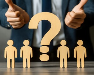 Business decision with team, and question mark.