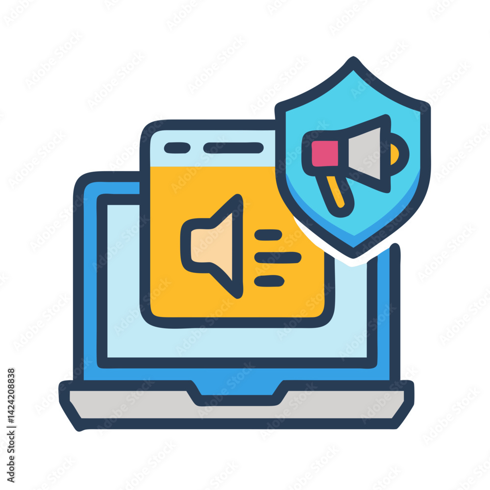 Poster laptop with shield and megaphone icon representing digital security and marketing