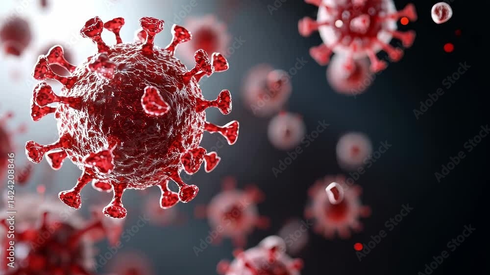 Poster close-up view of red viruses on a dark background in motion