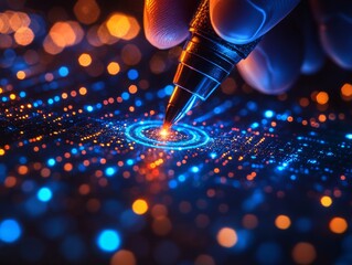 Precision Engineering: A Microscopic View of Circuit Design with a Focused Pen, Illustrating the Intricate Details and Advanced Technology