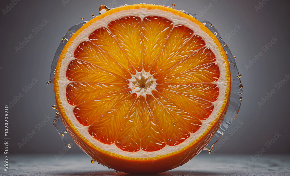 Poster close up of a slice of orange with a drop of water on it. the orange is cut in half and the water dr