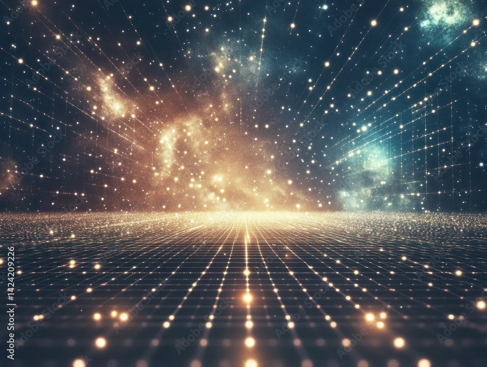 Poster luminous grid and ethereal celestial backdrop create a cosmic dimension illusion