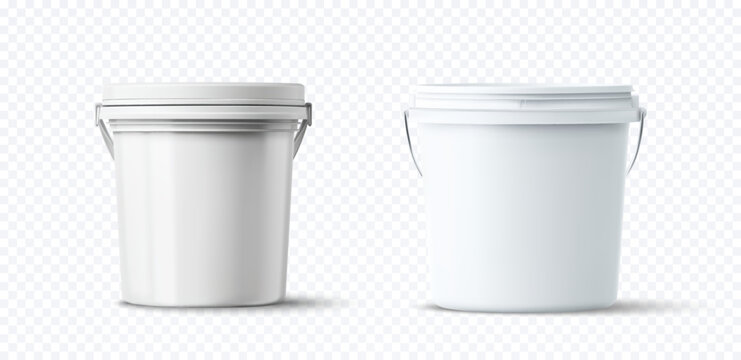 Vector illustration of two blank white plastic paint buckets with lids and metal handles, realistic packaging mockup on transparent background, ideal for branding, product design and marketing.