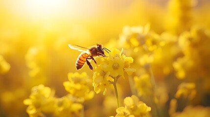 The golden rapeseed field with bees dancing in the sunshine
