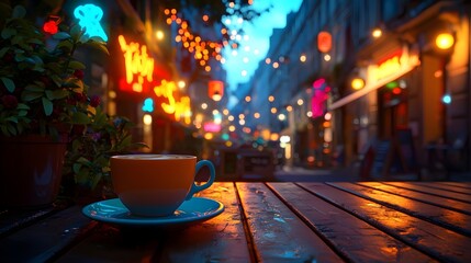 Coffee cups in the sunset glow and urban night scenery