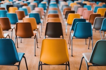 Fototapeta premium Rows of empty colorful chairs stand on a wooden floor in a large hall. This is suitable for presentations, conferences, or community meetings.